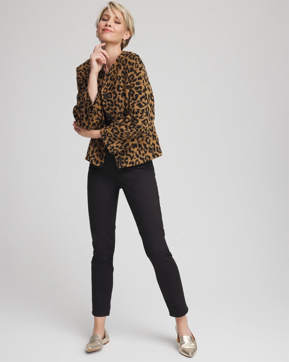 Chico's Fuzzy Collarless Animal Print Jacket Camel