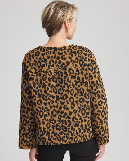 Chico's Fuzzy Collarless Animal Print Jacket Camel