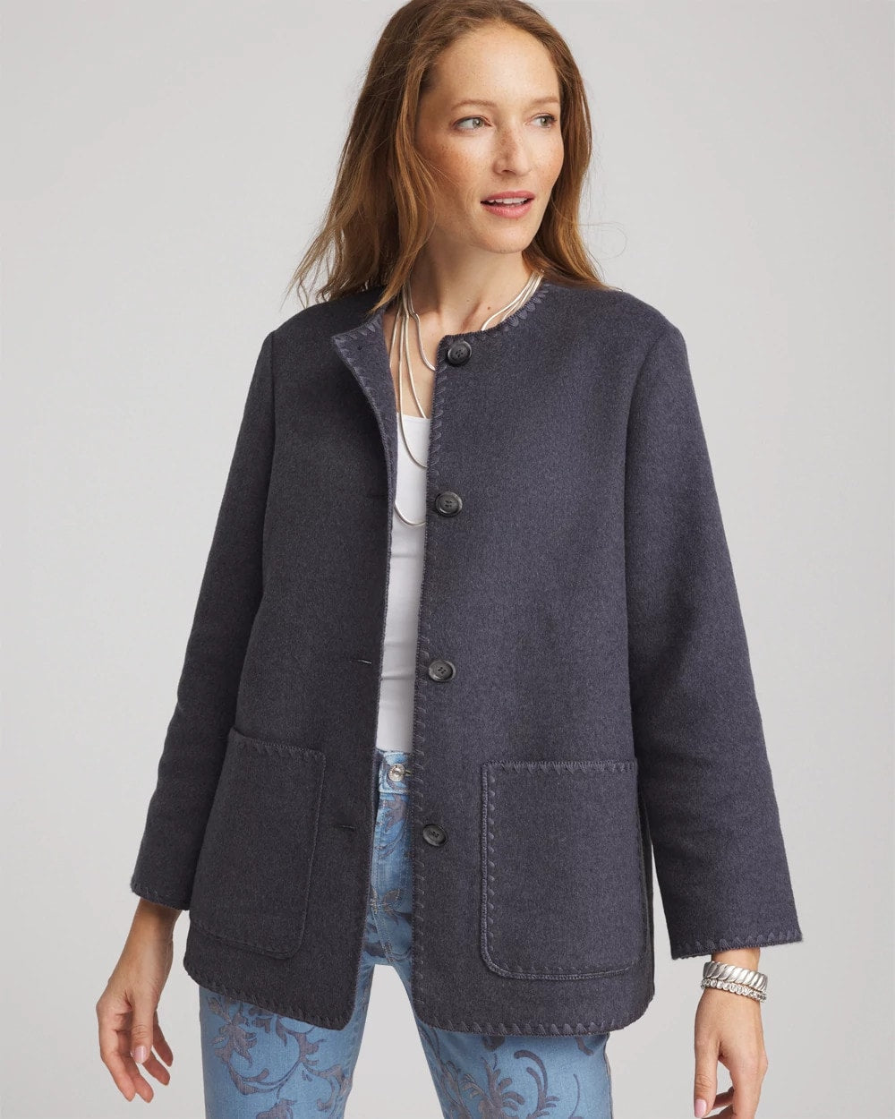 Chico's Wool Scarf Jacket Dark Denim Heather