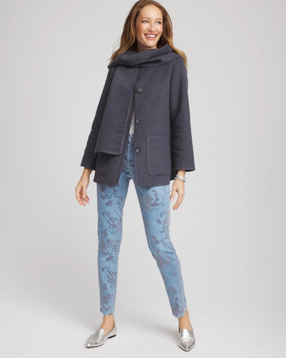 Chico's Wool Scarf Jacket Dark Denim Heather