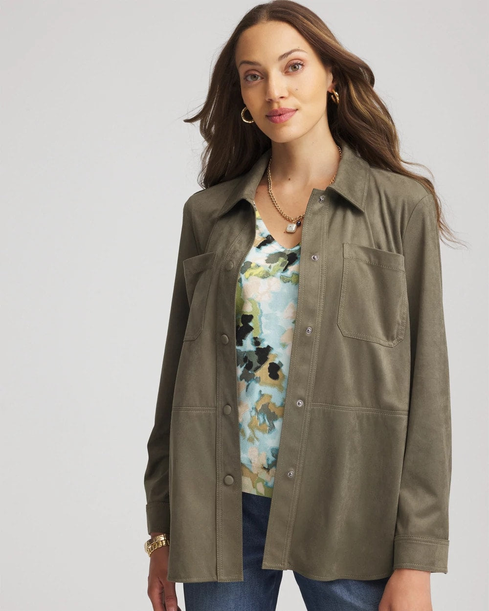 Chico's Suede Collared Long-Sleeved Shacket Nettle Leaf