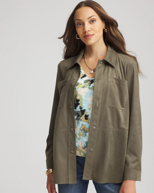 Chico's Suede Collared Long-Sleeved Shacket Nettle Leaf
