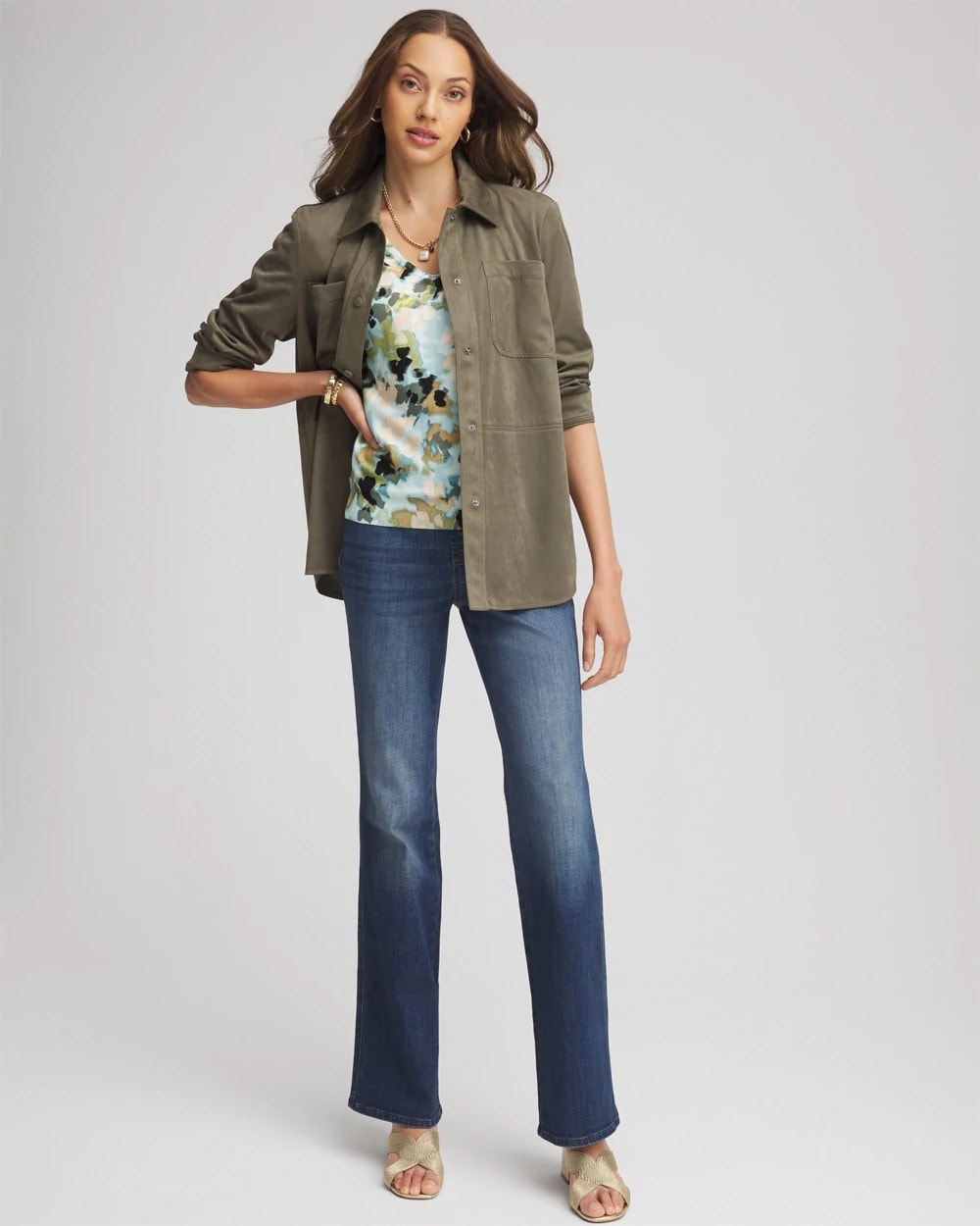 Chico's Suede Collared Long-Sleeved Shacket Nettle Leaf