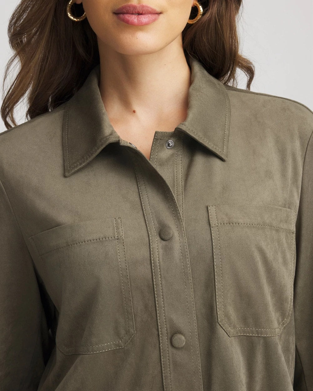 Chico's Suede Collared Long-Sleeved Shacket Nettle Leaf