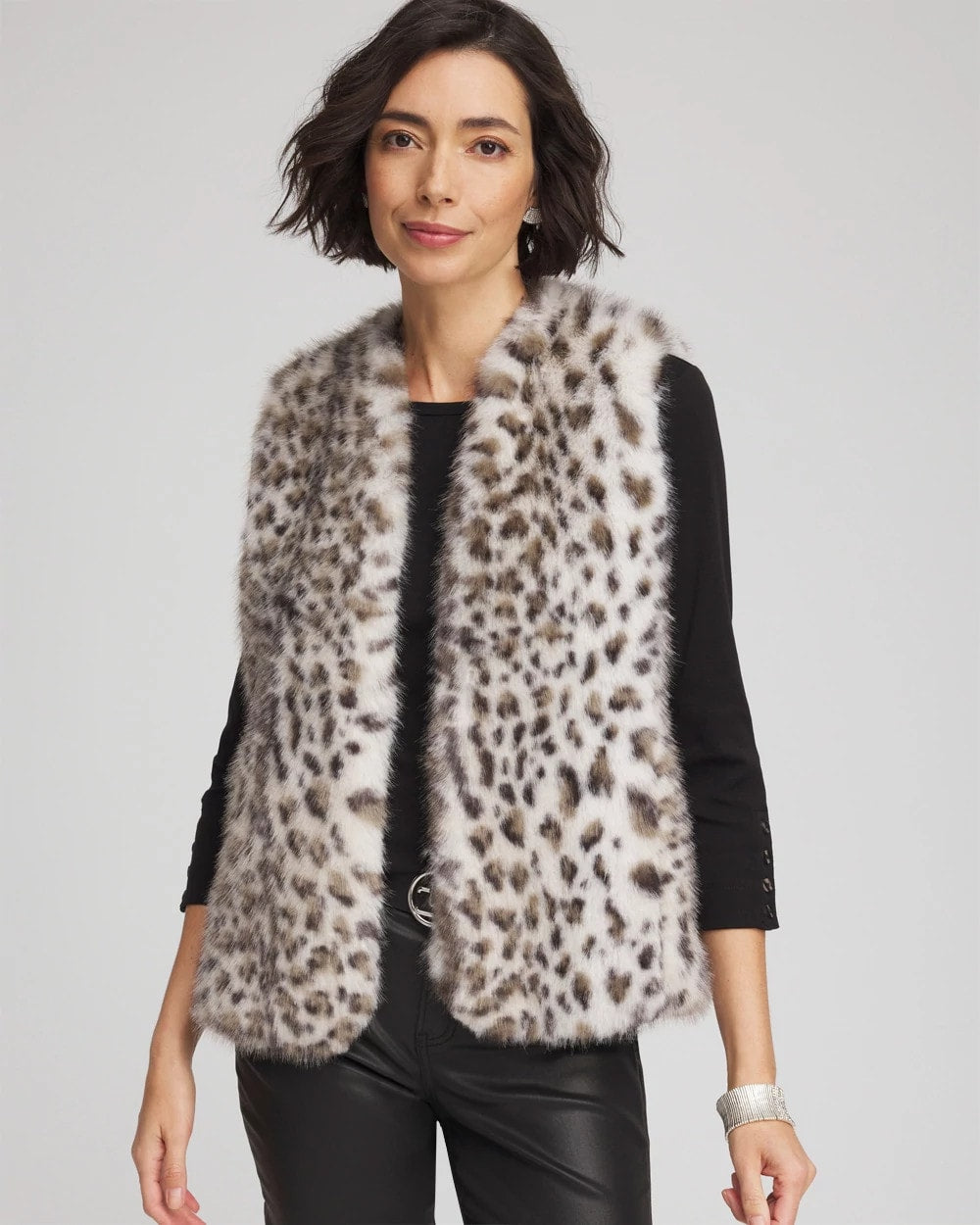 Chico's Snow Leopard Faux Fur Vest Cream