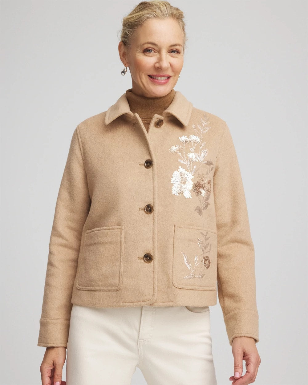 Chico's Embroidered Wool Chore Jacket Light Taupe Heather