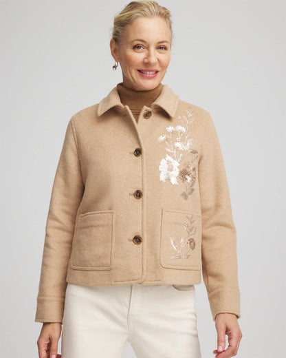 Chico's Embroidered Wool Chore Jacket Light Taupe Heather