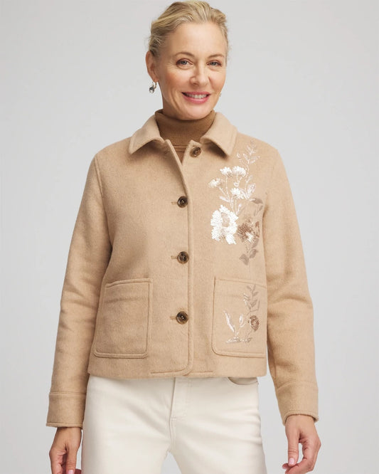Chico's Embroidered Wool Chore Jacket Light Taupe Heather