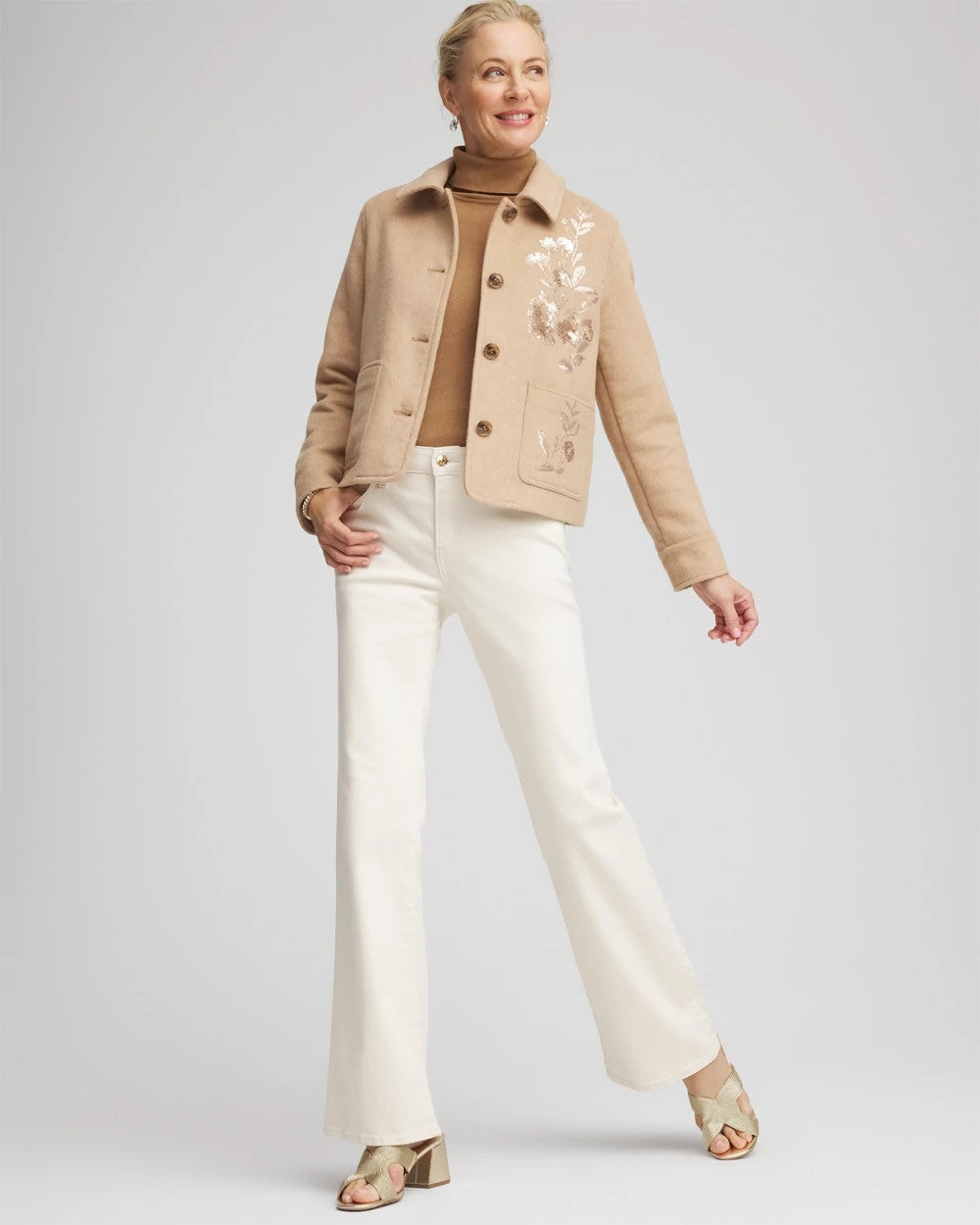 Chico's Embroidered Wool Chore Jacket Light Taupe Heather