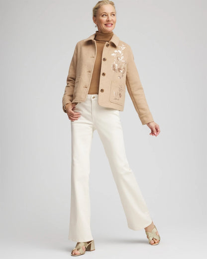 Chico's Embroidered Wool Chore Jacket Light Taupe Heather
