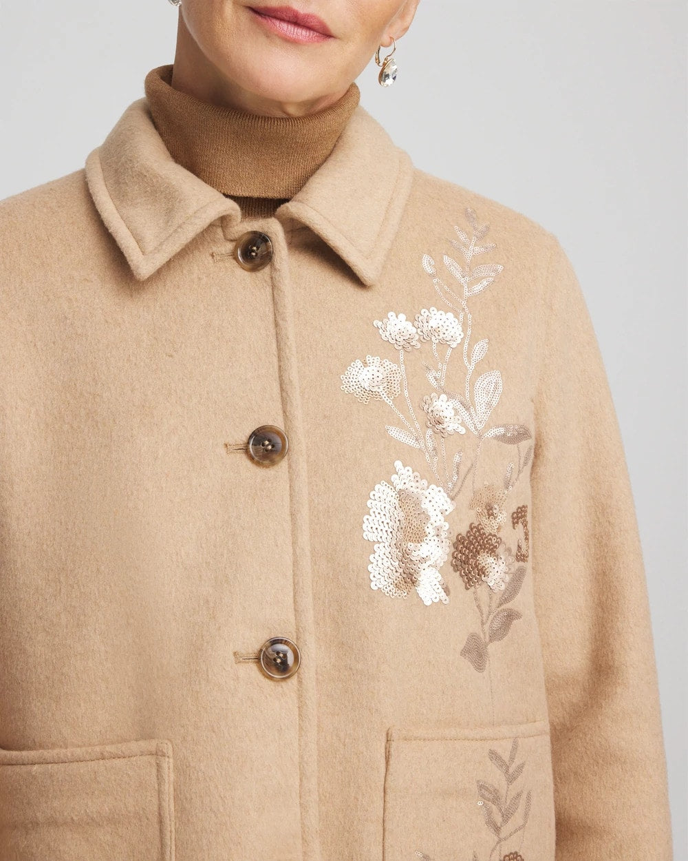 Chico's Embroidered Wool Chore Jacket Light Taupe Heather