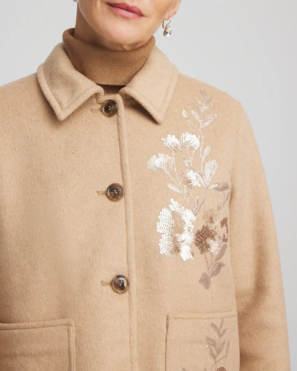 Chico's Embroidered Wool Chore Jacket Light Taupe Heather