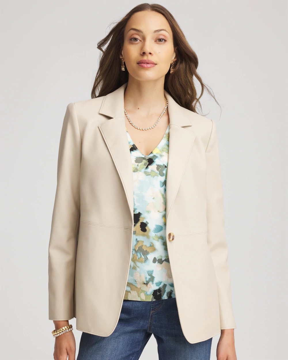 Chico's Faux Leather Blazer Ivory Wheat