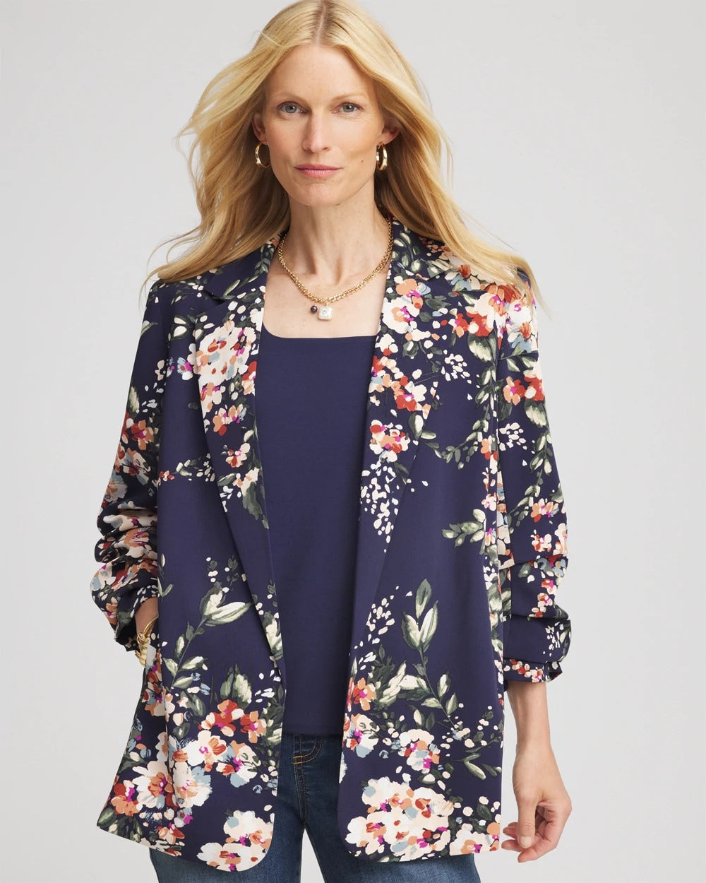 Chico's Floral Ruched Sleeve Blazer Passport Blue