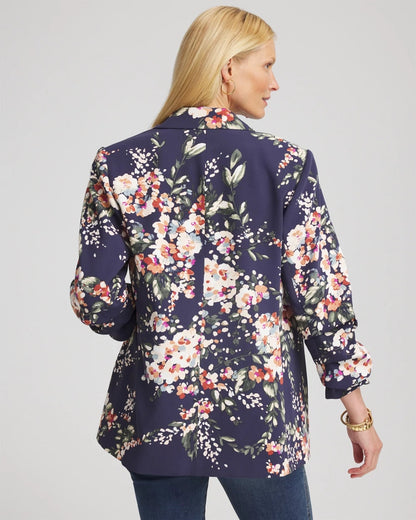 Chico's Floral Ruched Sleeve Blazer Passport Blue