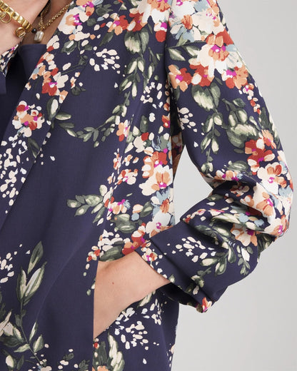 Chico's Floral Ruched Sleeve Blazer Passport Blue