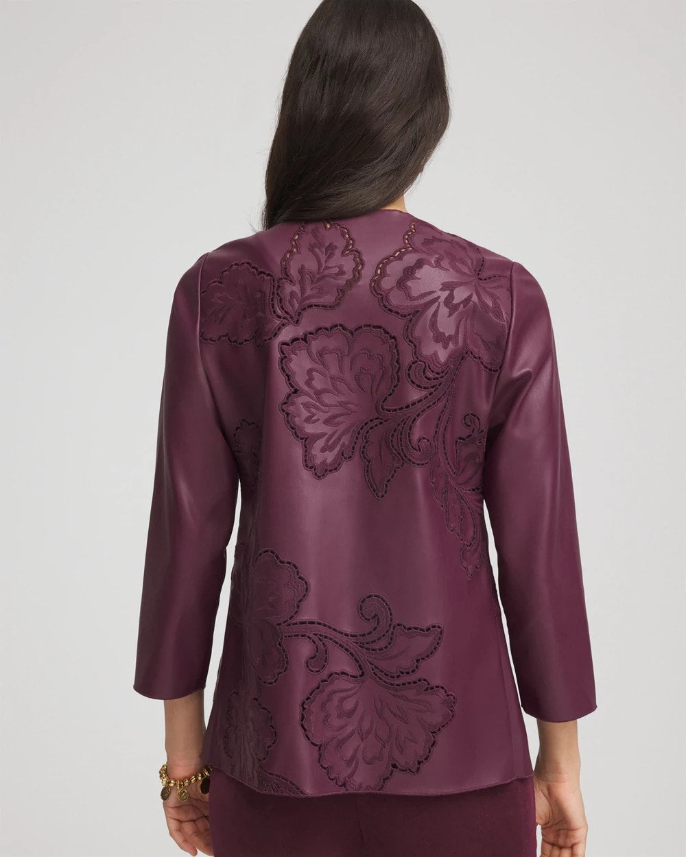 Chico's Travelers™ Collection Faux Leather Embroidered Jacket Blackened Burgundy