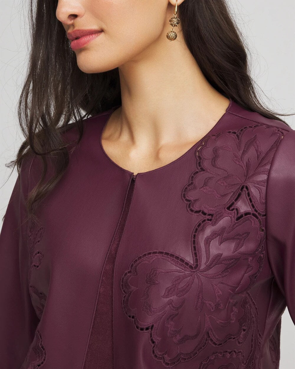 Chico's Travelers™ Collection Faux Leather Embroidered Jacket Blackened Burgundy