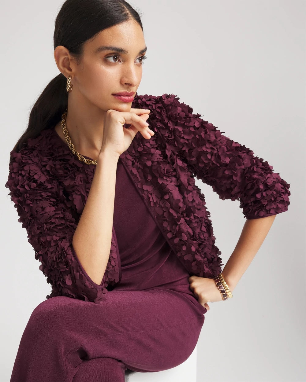 Chico's Travelers™ Collection Textured Rosette Jacket Blackened Burgundy