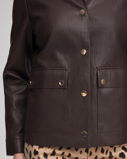 Chico's Snap Front Faux Leather Jacket Black Raisin