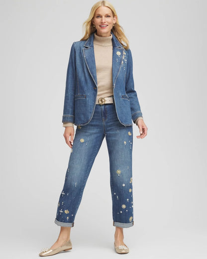 Chico's Pearl Brooch Denim Blazer Kiruna Indigo