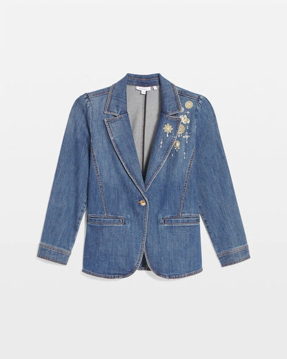 Chico's Pearl Brooch Denim Blazer Kiruna Indigo