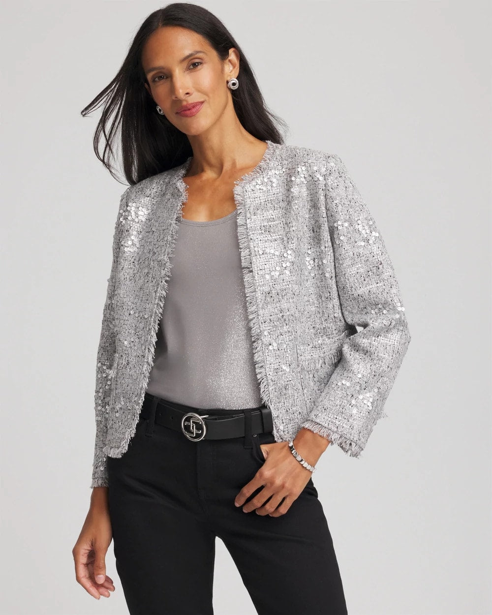 Chico's Silver Sequins Tweed Jacket Silver