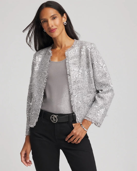 Chico's Silver Sequins Tweed Jacket Silver