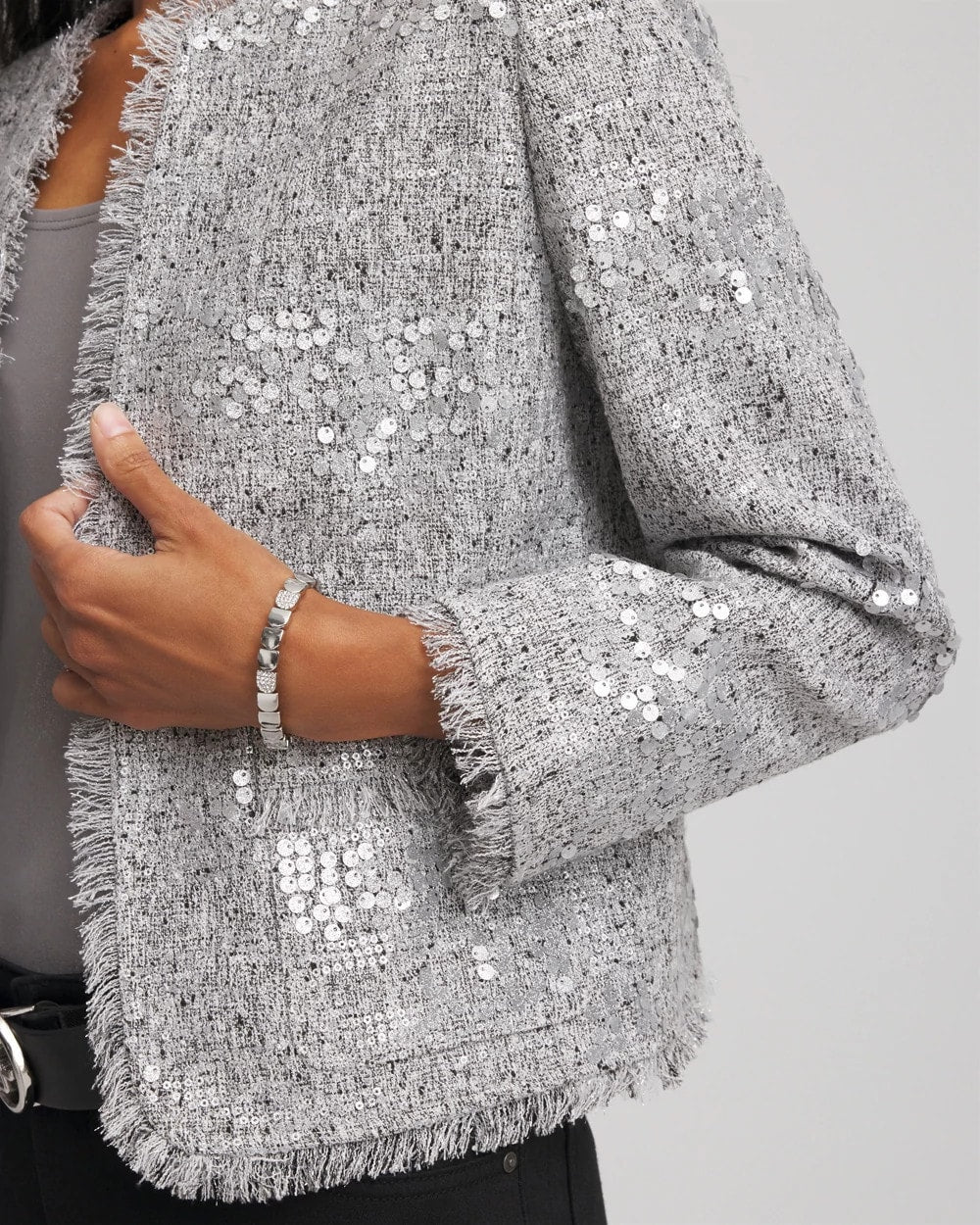 Chico's Silver Sequins Tweed Jacket Silver