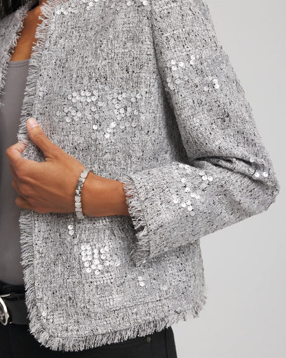 Chico's Silver Sequins Tweed Jacket Silver