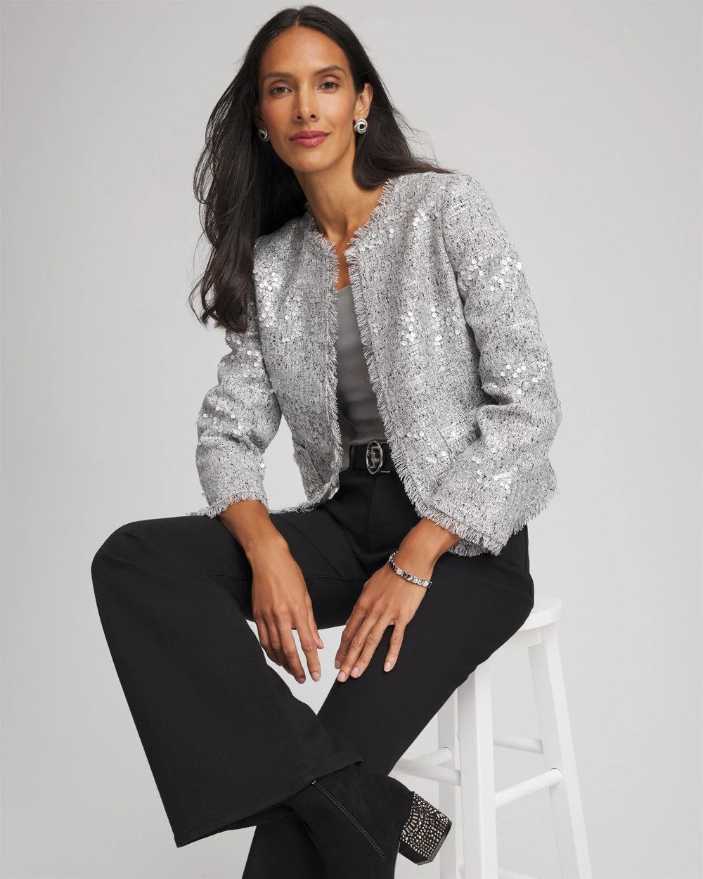 Chico's Silver Sequins Tweed Jacket Silver