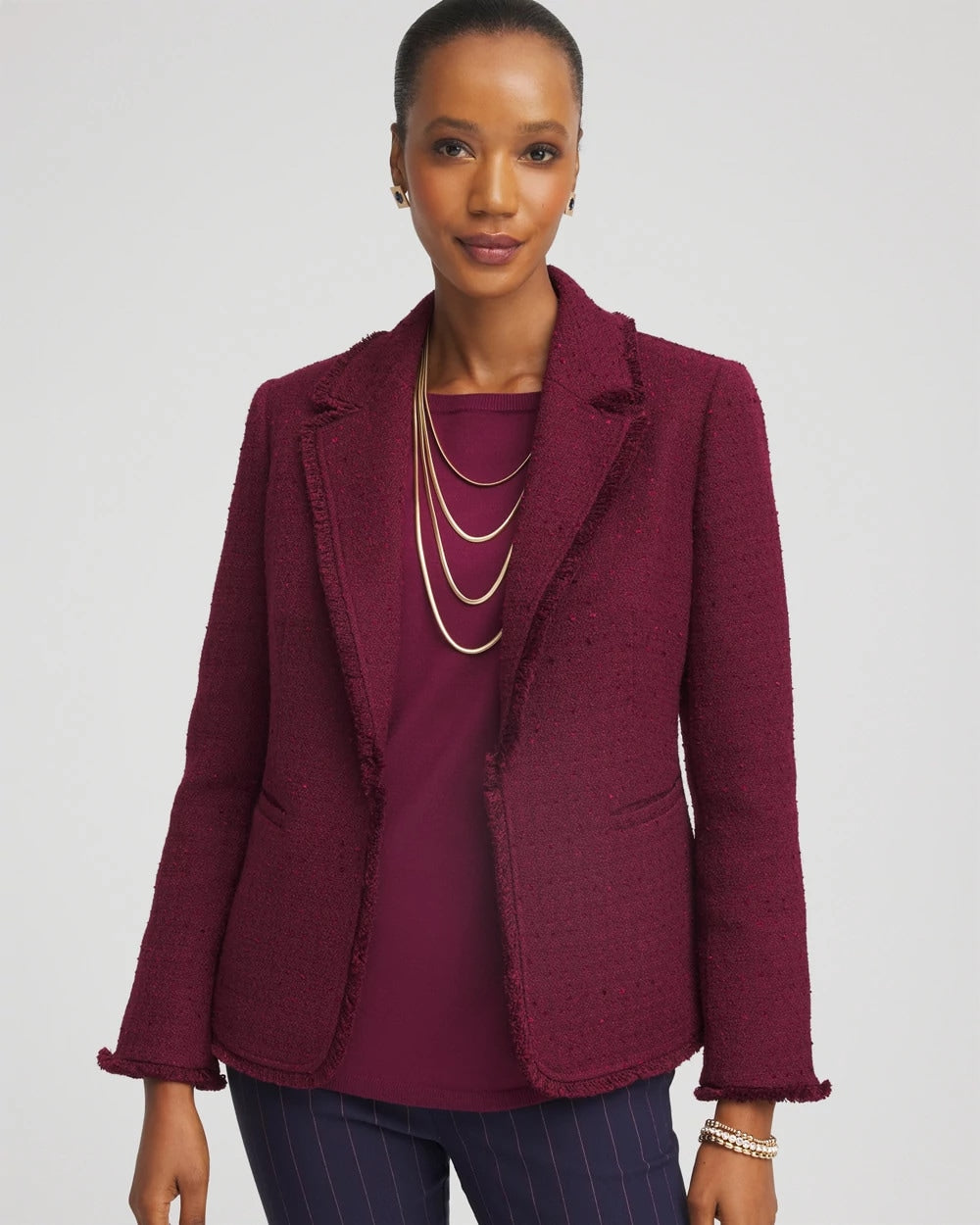 Chico's Tweed Fringe Blazer Deep Chianti