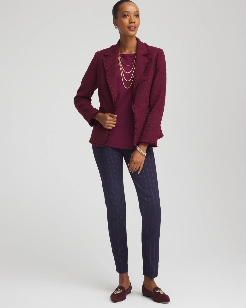 Chico's Tweed Fringe Blazer Deep Chianti