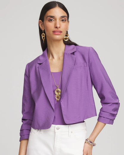 Chico's Cropped Ruched Sleeve Blazer Plum Shade