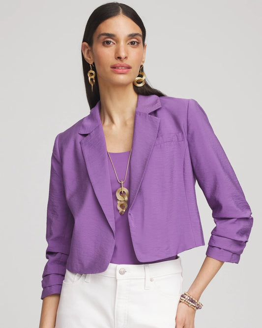 Chico's Cropped Ruched Sleeve Blazer Plum Shade