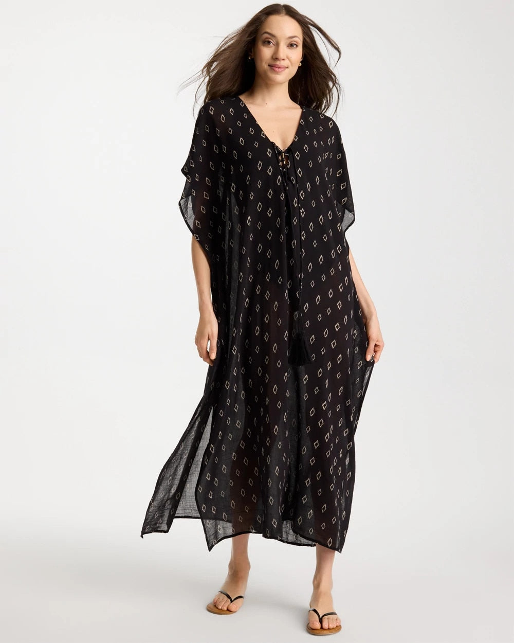 Chico's Printed Kaftan Swim Cover-Up Black/Neutral