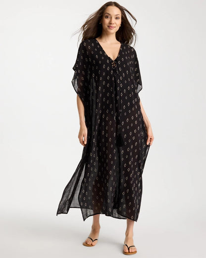 Chico's Printed Kaftan Swim Cover-Up Black/Neutral