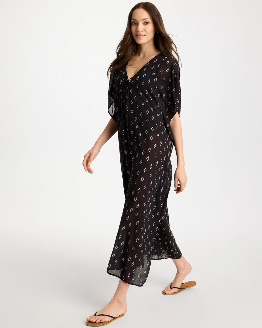 Chico's Printed Kaftan Swim Cover-Up Black/Neutral