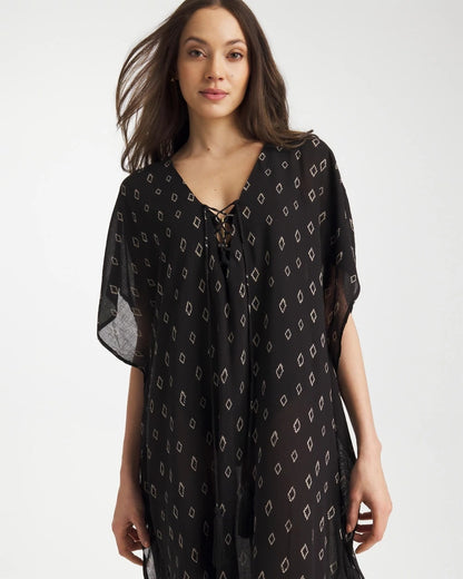 Chico's Printed Kaftan Swim Cover-Up Black/Neutral