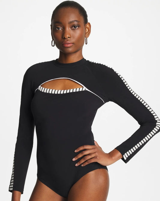 Chico's Gottex Coco Long Sleeve One Piece Black/White