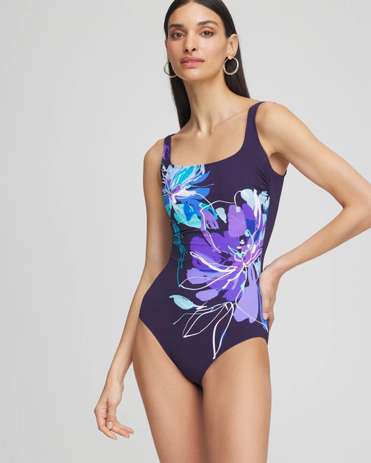 Chico's Gottex Water Square-Neck One-Piece Swimsuit Blue Multi