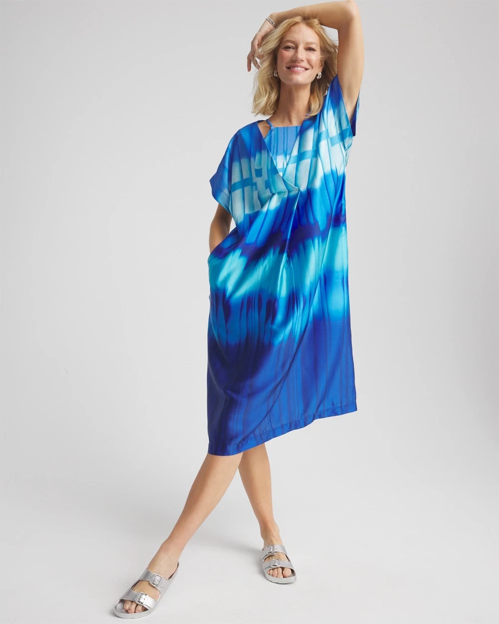 Chico's Gottex Golden Hour V-Neck Dress Cover-Up Blue Multi