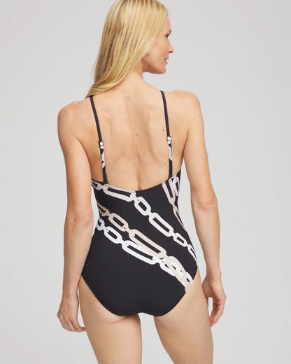 Chico's Gottex High Neck Halter Top Swimsuit Black/Natural Cream