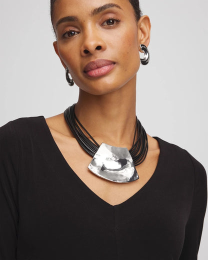 Chico's Pendant Bib Necklace Black/Silver