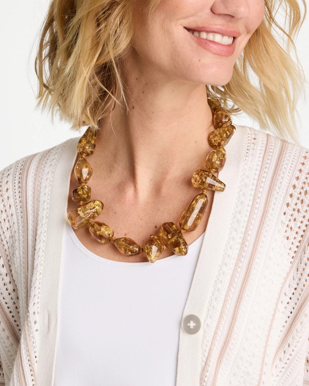 Chico's Gold Foil Long Single Strand Necklace Neutral