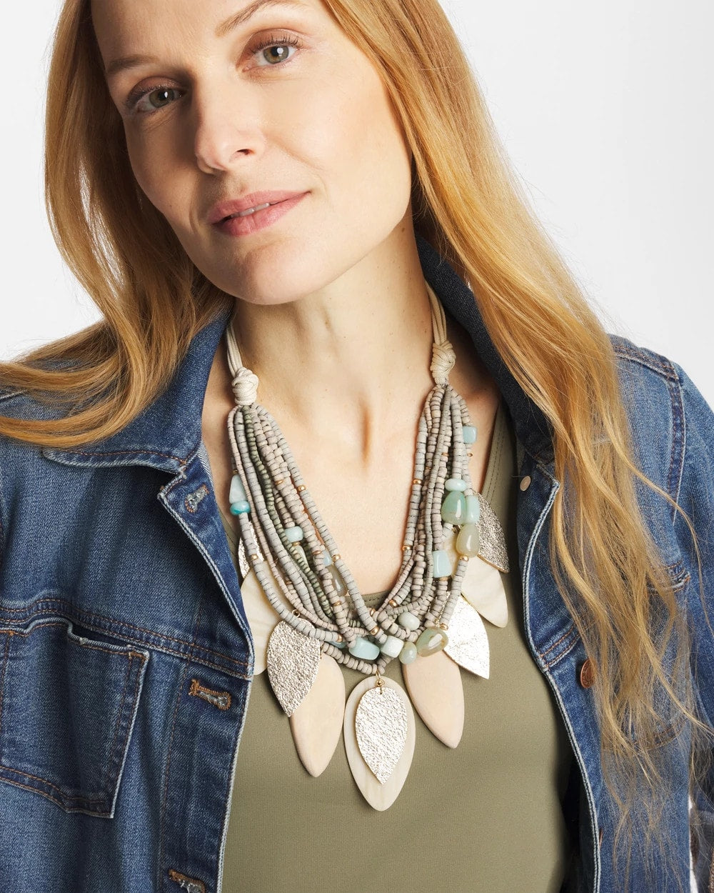 Chico's Multistrand Wood Petal Necklace Aqua