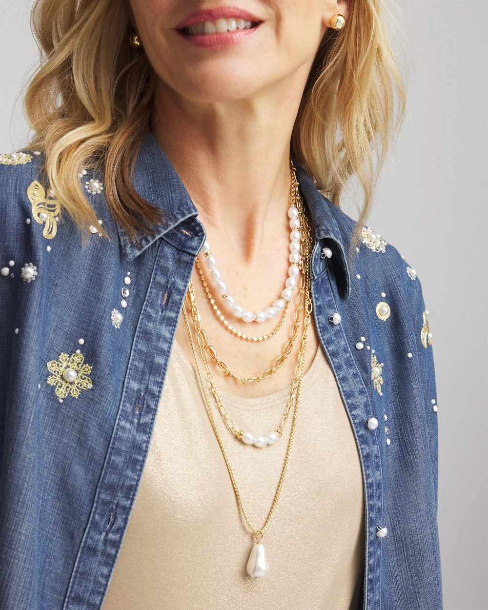 Chico's Convertible Pearl Multistrand Necklace Pearl