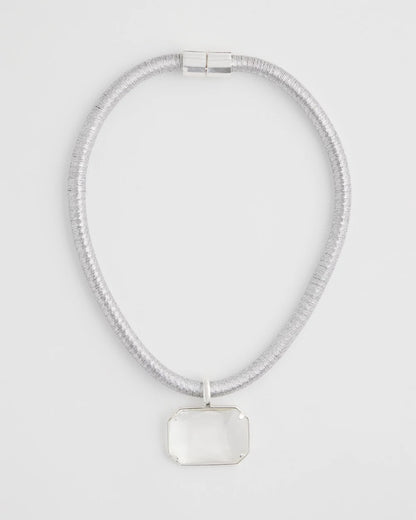 Chico's Silvertone Gem Pendant Cord Necklace Silver