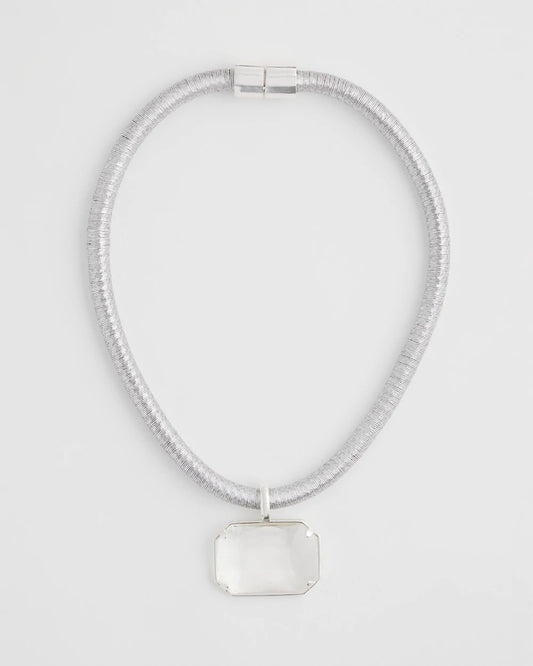 Chico's Silvertone Gem Pendant Cord Necklace Silver