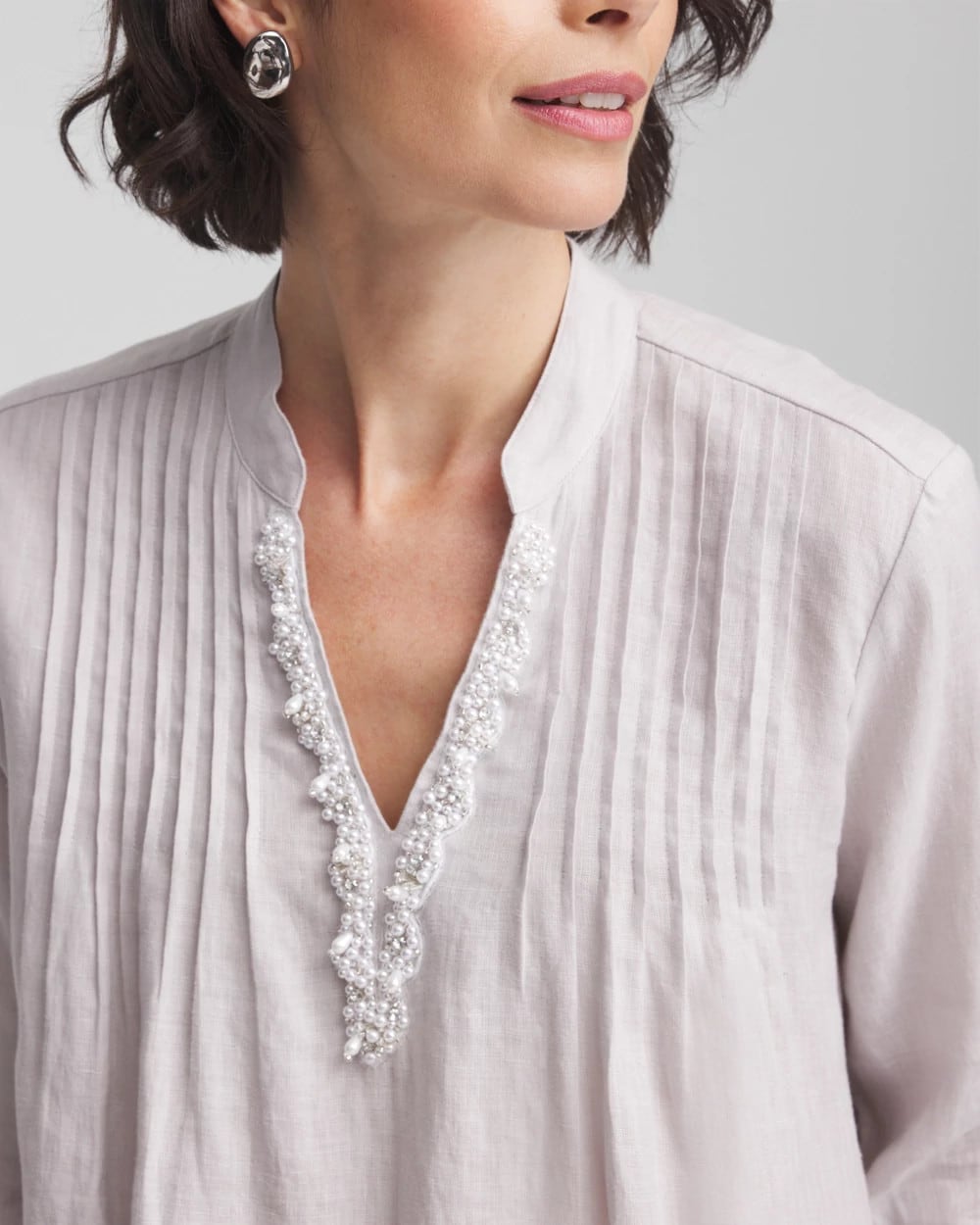 Chico's Embellished Linen Kurta Tunic Dove Gray
